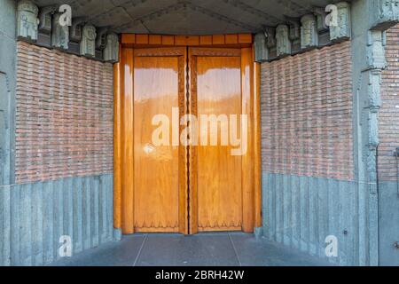 High Gloss Lacquer Finish at Double Wooden Doors Stock Photo