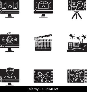 Video production black glyph icons set on white space Stock Vector
