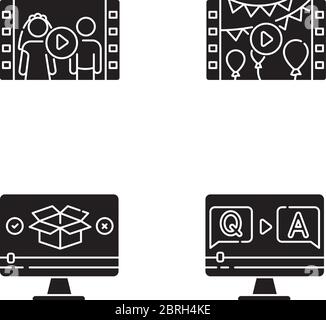 Video content black glyph icons set on white space Stock Vector