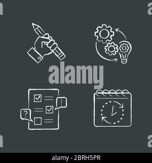 Technical project chalk white icons set on black background Stock Vector