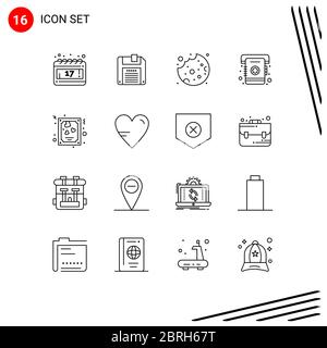 Set of 16 Commercial Outlines pack for heart, love, food, heart, list Editable Vector Design Elements Stock Vector