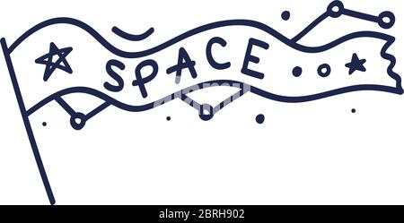 Space vector illustration. A hand-drawn flag with the word space written on it. Stars and constellations in doodle style. Diary sticker Stock Vector
