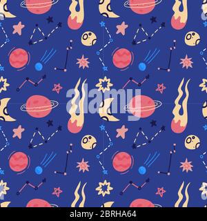 Space vector seamless pattern of planets, orbits, flying saucer, stars. Cartoon flat style cosmos background. Vector illustration. Cartoon icons. Stock Vector