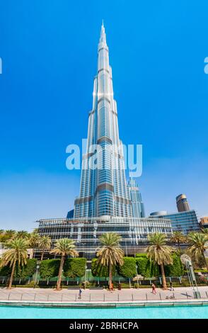 DUBAI, UAE - FEBRUARY 26, 2019: Burj Khalifa or Khalifa Tower is a skyscraper and the tallest building in the world in Dubai, UAE Stock Photo