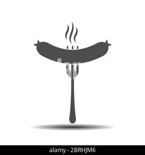Hot sausage on a fork. Simple vector silhouette. Stock illustration isolated on a white background. Stock Vector