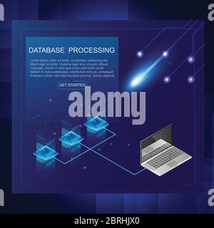 Isometric of Server and data processing concept, datacenter and data base icon, digital information technology, neon blue dark gradient,vector.illustr Stock Vector
