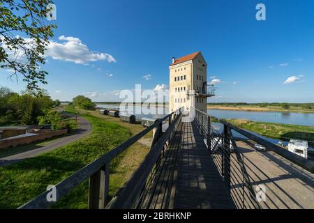 GROSS NEUENDORF, GERMANY - MAY 09, 2020: Old merchant port on the Oder River on the border with Poland. Stock Photo