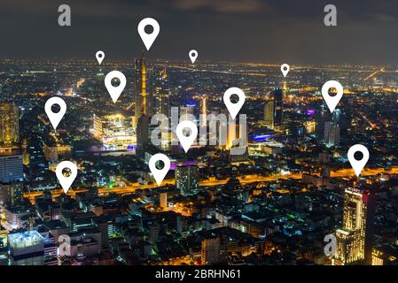 Check in sign in the city / high view of city with check-in sign for social distancing people service Stock Photo