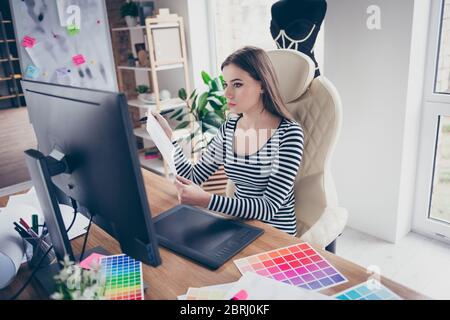 Portrait of her she nice attractive focused serious creative seamstress needlewomen creating new garment collection personal brand trend color looking Stock Photo