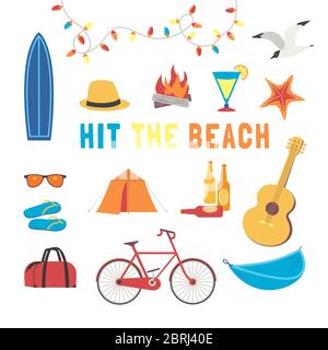 Summer beach activity icon set flat vector. Camp leisure rest design element collection. Seaside enjoy background. Time for adventure cute cartoon Stock Vector