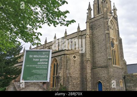London, United Kingdom - April 27, 2020: Notice about church closed, advising people to pray 'online' during coronavirus covid-19 outbreak in front of Stock Photo
