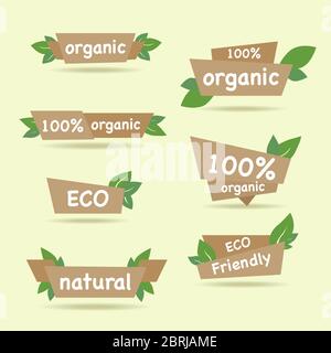Set of green labels and badges with leaves for organic, natural, bio and eco friendly products isolated on light green background. Stock Vector