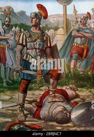 Antiquite romaine : representation du consul Titus Manlius Imperiosus Torquatus terrassant un gaulois en 361 avant JC - (Titus Manlius Torquatus fight Stock Photo