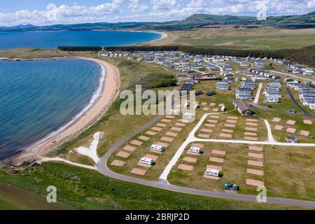 Aerial view of empty caravan pitches at Elie Holiday Park near