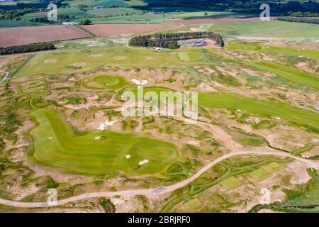 Aerial view of new Dumbarnie Links golf course on Firth of Forth in Fife. The new golf course was scheduled to open on May 16 but  date was cancelled Stock Photo
