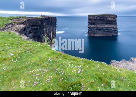 View of the sea stack called Dun Briste at Downpatrick Head from the surrounding cliffs. Ballycastle, County Mayo, Donegal, Connacht region, Ireland. Stock Photo