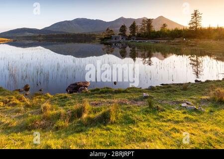 Sunset at Lough Inagh lake, Connemara National Park, County Galway, Connacht province, Ireland, Europe. Stock Photo