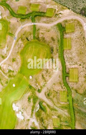 Aerial view of new Dumbarnie Links golf course on Firth of Forth in Fife. The new golf course was scheduled to open on May 16 but  date was cancelled Stock Photo