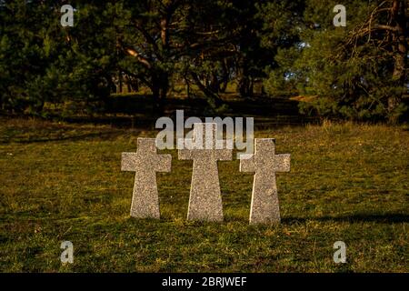 Three Stone Crosses at the World War II Memorial Cemetery of German Wehrmacht Soldiers in Baltiysk, Kaliningrad region Stock Photo