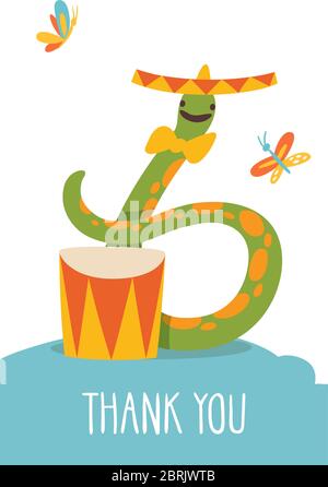 Vector funny cartoon hand drawn thank you card with snake playing music. Stock Vector