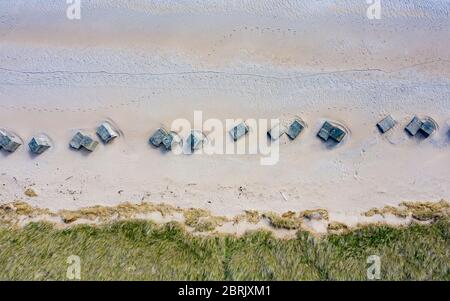 Aerial view of concrete anti tank second world war coastal defences on beach at Dumbarnie in Fife, Scotland, Uk Stock Photo