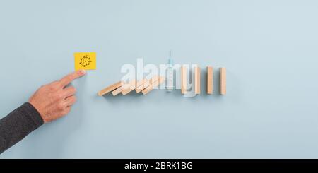 Conceptual image of stopping corona virus global pandemic spread with vaccine and drugs innovation. Stock Photo
