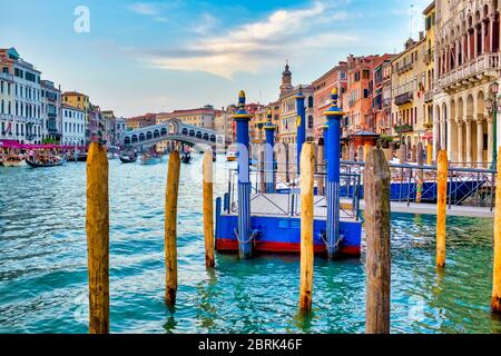 Moorings in Canal Grande near the Ponte di Rialto, Venice, Italy Stock Photo