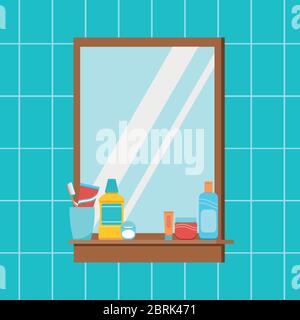 Mirror in bathroom with hygiene accessories on shelf. Stock Vector