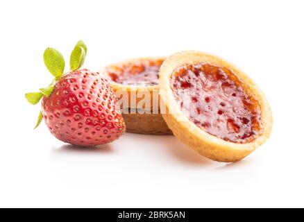 Sweet biscuits with strawberries jam and strawberries isolated on white background. Stock Photo