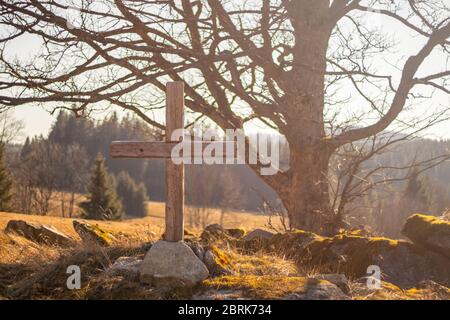 wooden cross on stones, in the background a big old tree, meadow and forests, in the evening Stock Photo