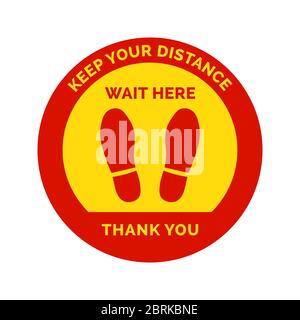 Social distancing and coronavirus covid-19 prevention: floor sticker sign with shoes footprint and warning for customers Stock Vector