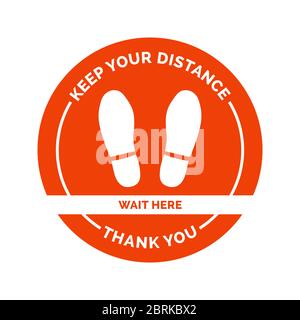 Social distancing and coronavirus covid-19 prevention: floor sticker sign with shoes footprint and warning for customers Stock Vector