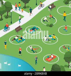 Social distancing circles in the city park and people relaxing safely outdoors, coronavirus covid-19 prevention Stock Vector