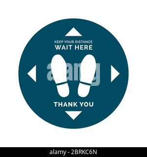 Social distancing and coronavirus covid-19 prevention: floor sticker sign with shoes footprint and warning for customers Stock Vector