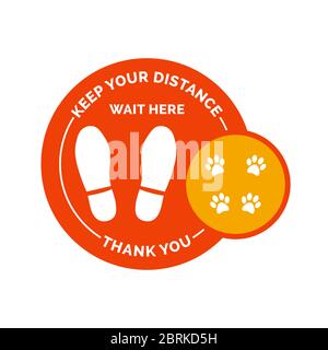 Social distancing and coronavirus covid-19 prevention: floor sticker sign with footprints and pet paws Stock Vector