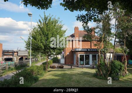 Black Sluice Café by the south forty foot drain Boston Lincolnshire. Stock Photo