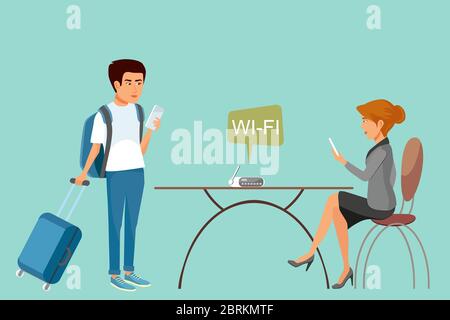 An elegant woman and a male tourist are holding phones in their hands next to a table in a restaurant Stock Vector