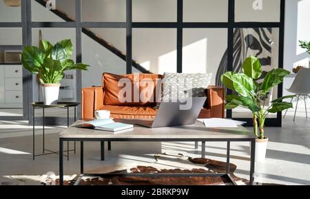 Modern sunny living room interior design with home office workplace and sofa. Stock Photo