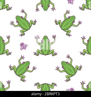 Frog with fly seamless pattern. Vector Hand drawn green character illustration isolated on white background. Cartoon froggy print Stock Vector