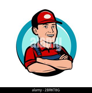 Service logo or label. Happy worker cartoon vector illustration Stock Vector