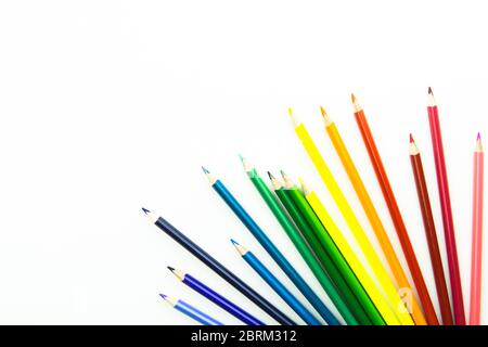 Bright beautiful crayons. Colored pencils isolated on white background. Stock Photo