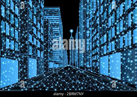 Street of a modern metropolis with high-rise buildings in a low poly style Stock Vector