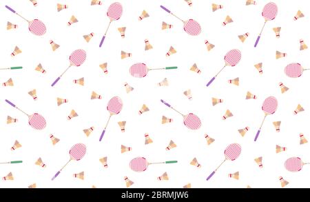 Badminton seamless pattern in retro style.Tennis game texture. Sport Graphic modern Vector cover. Flat concept decorative abstract geometric. Yellow racket and shuttlecock on white background. Stock Vector