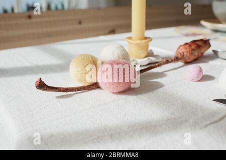 easter egg table decorations for a meal at home in spring Stock Photo