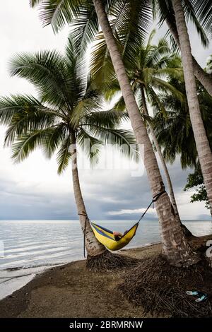 Man relaxing in hammock under palm trees in Costa Rica Stock Photo