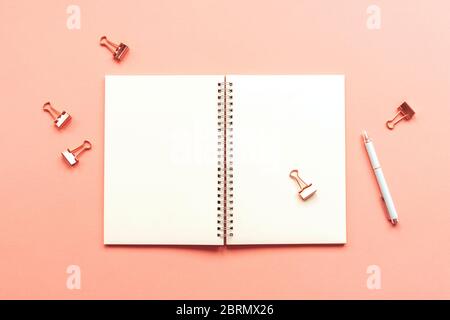 Blank spiral notepad mockup on a coral pink pastel background with pen and paper clips. Top view, flat lay Stock Photo