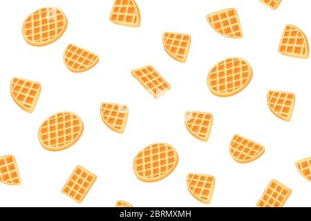 Yellow Belgian waffles seamless pattern for print design. Cartoon sweet vector illustration. Golden waffle slices on white background. Decorative Modern cookie cover. Snack Geometric shapes. Stock Vector