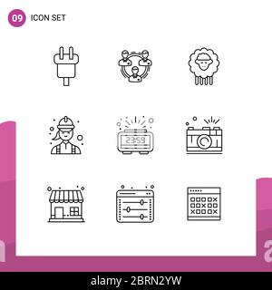 User Interface Pack of 9 Basic Outlines of electrician, spring, hierarchy, sheep, mutton Editable Vector Design Elements Stock Vector