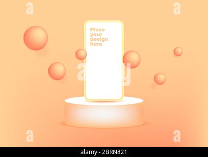 Blank screen smartphone on podium for product presentation or showcase on orange background. Stock Vector