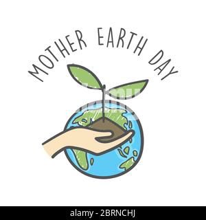 Hand drawn mother earth day. Human hands holding plant. Environmental care and social responsibility doodle. Stock Vector
